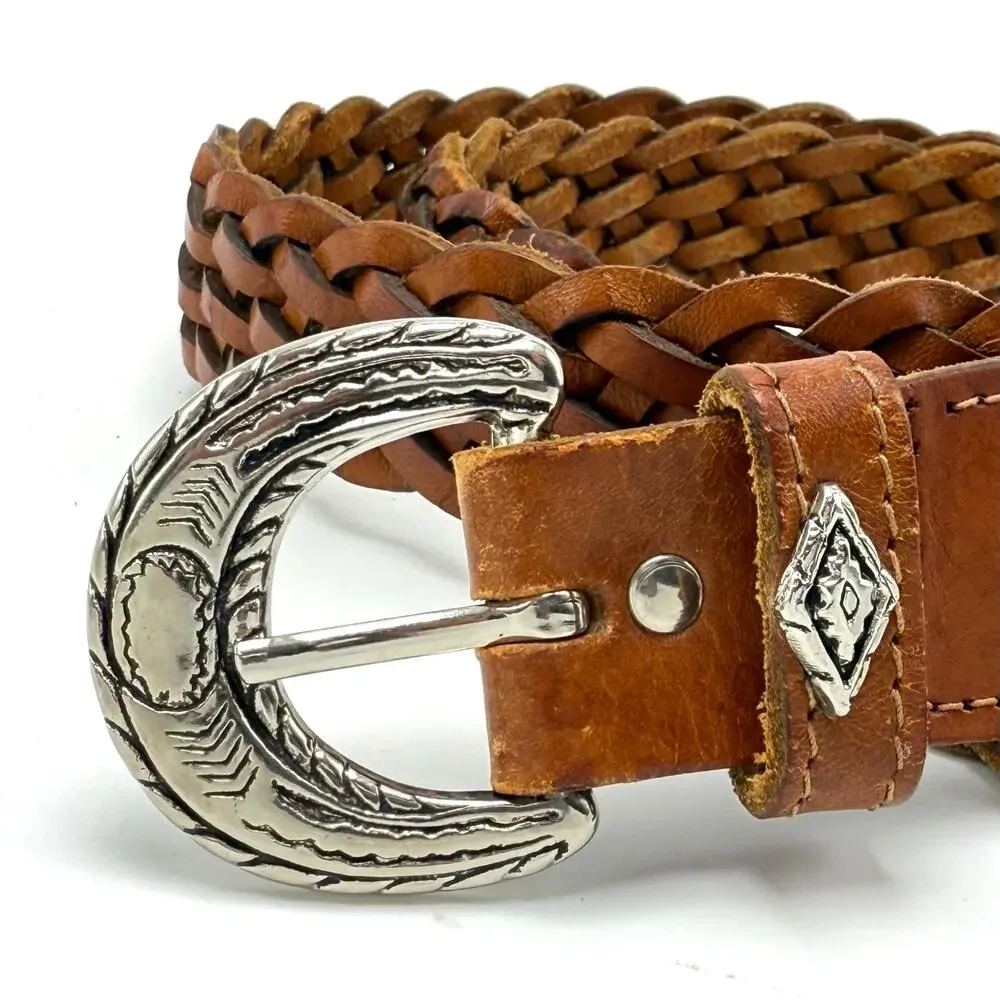 Vintage 90s Braided Leather Western Belt S 24-30 Brown Southwestern Boho Hippie